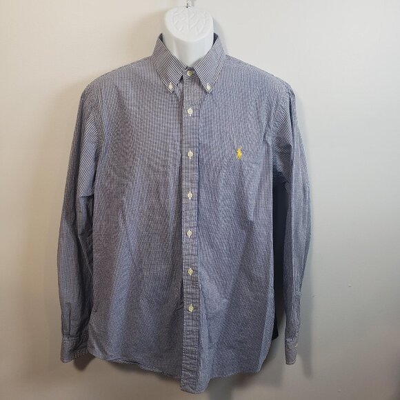 Ralph Lauren Mens Blue Gingham Check Button Down Shirt Large L Yellow Pony/R88 - Picture 1 of 8